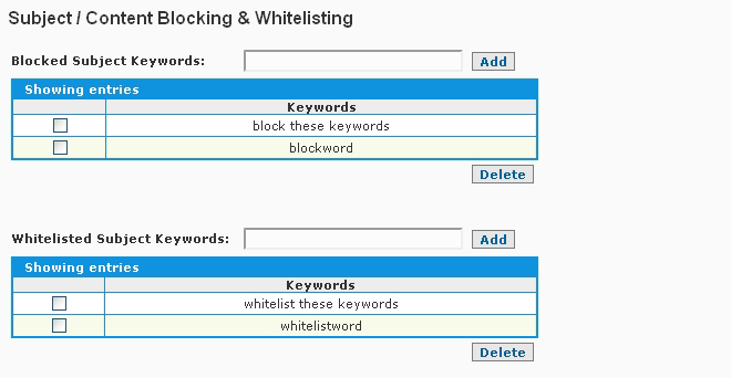 SpamWall Content Filtering Subject Keywords