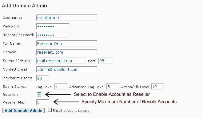 SpamWall Add Reseller Domain Admin Account