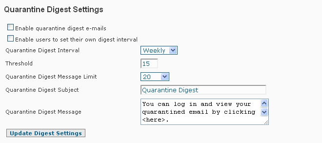 SpamWall Quarantine Digest Settings